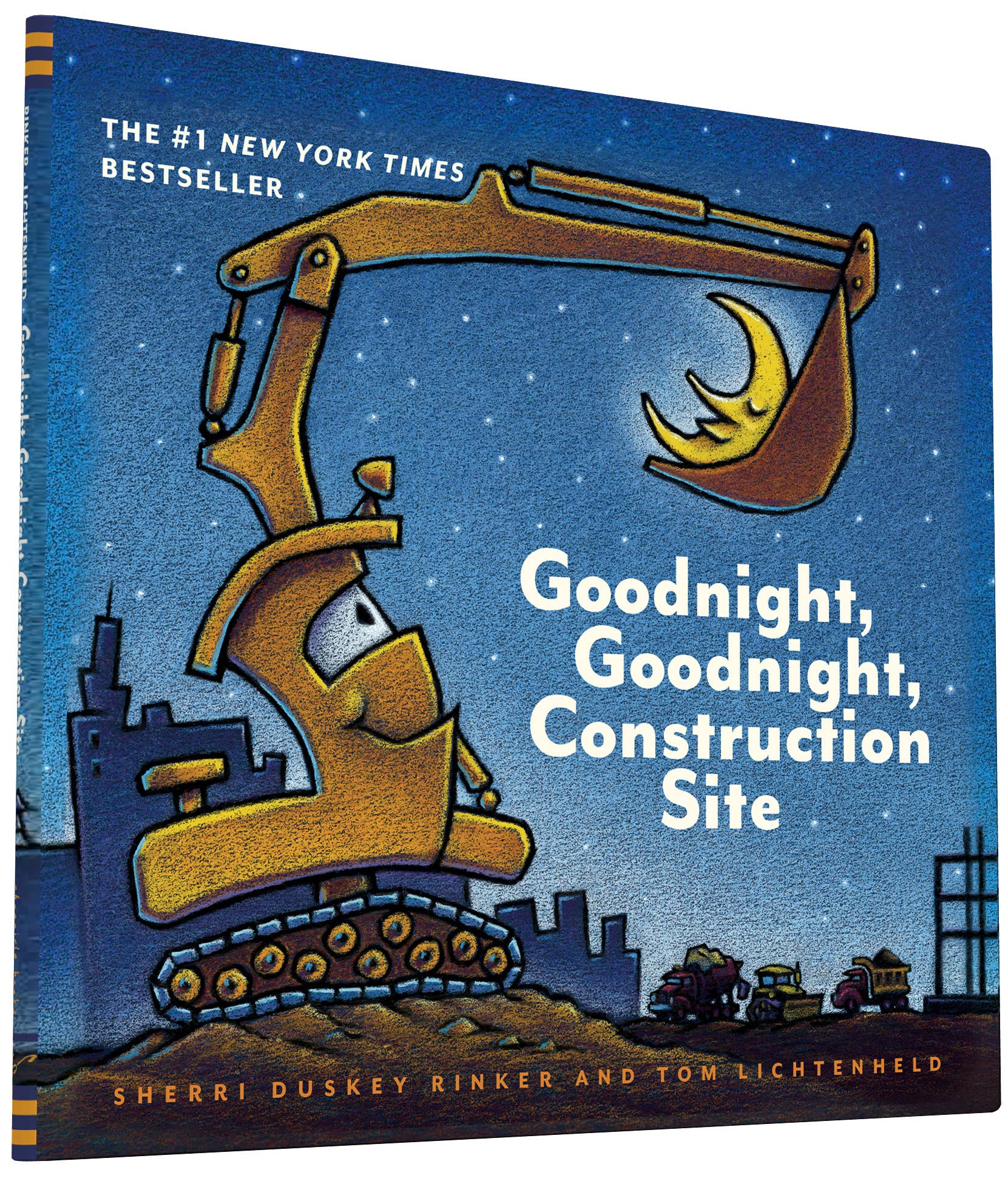 Book cover of 'Goodnight, Goodnight, Construction Site' with a cartoon excavator against a night sky.