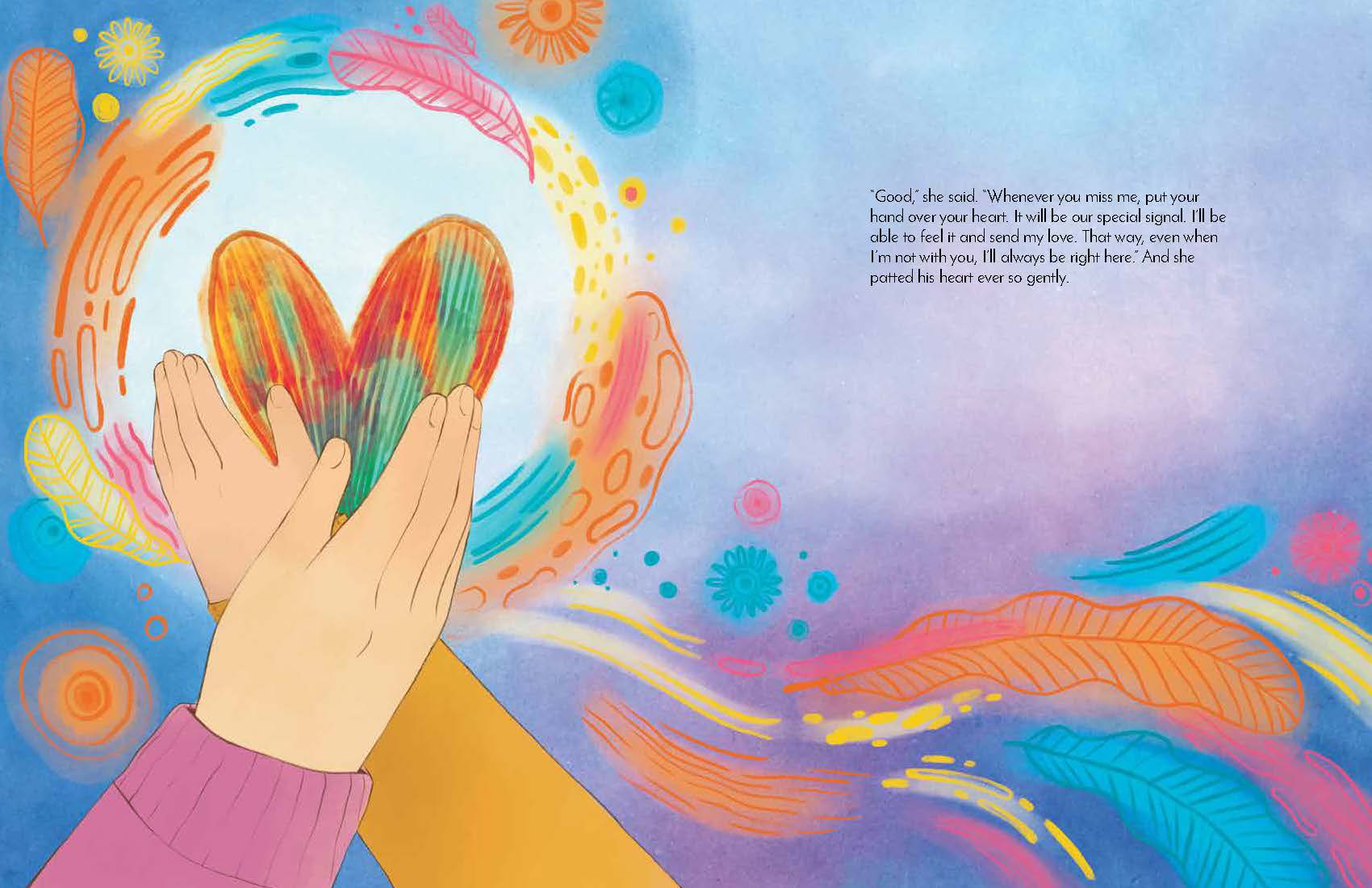 Illustrated book-style page with two hands holding a glowing heart-shaped object, surrounded by colorful abstract brushstrokes and feathers on a blue background, with a short text quote on the right.