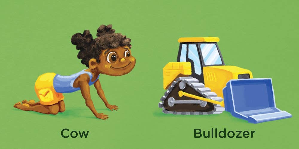 Illustrated scene on a green background showing a cartoon child labeled 'Cow' kneeling beside a yellow bulldozer labeled 'Bulldozer'.