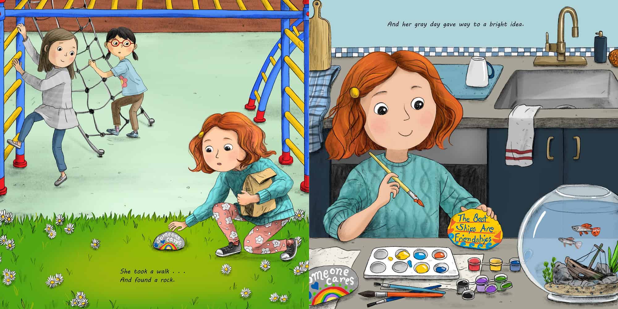 Illustrations of children playing and painting, with a focus on creativity and outdoor activities.