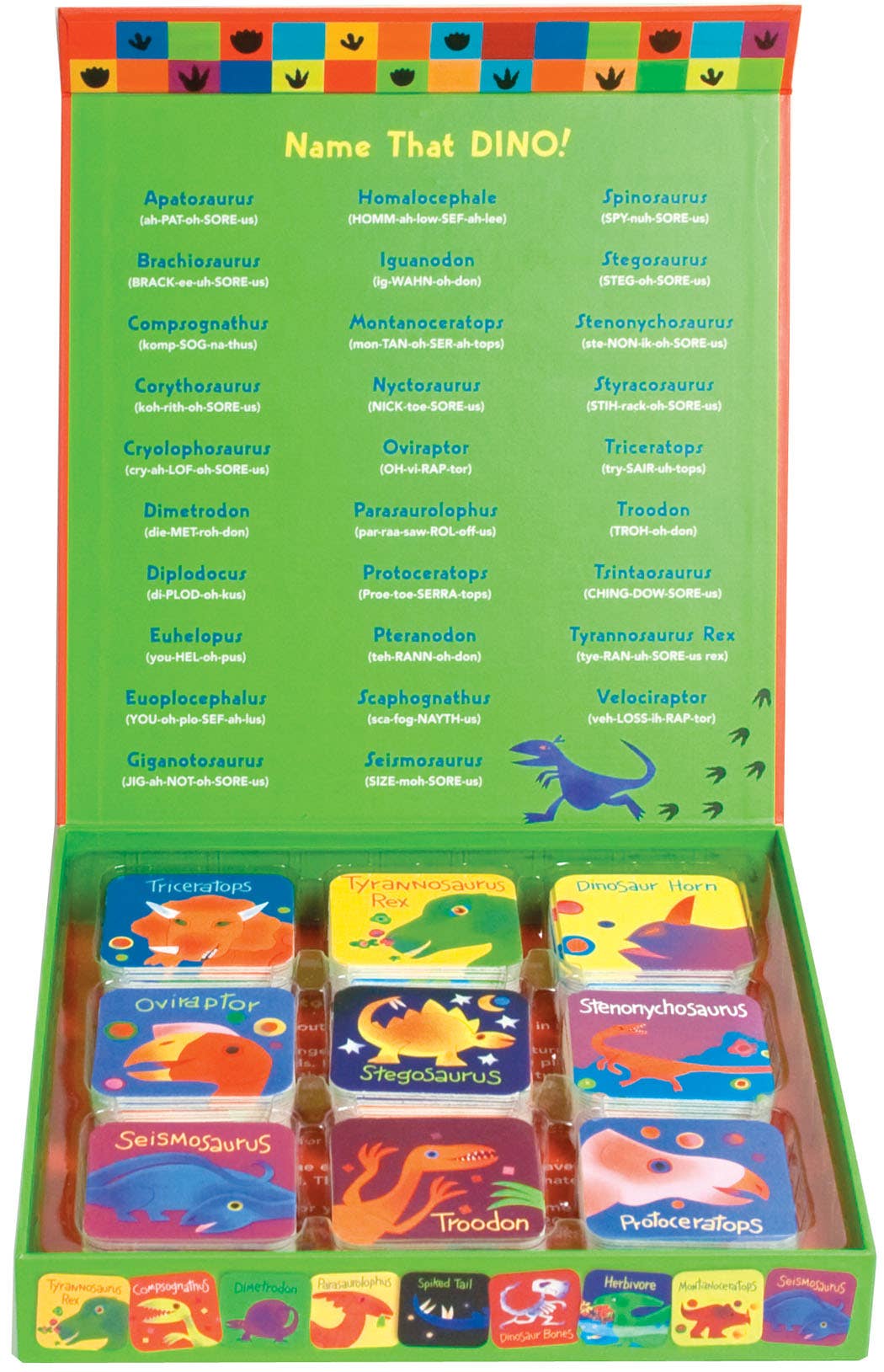 Set of dinosaur flashcards with colorful packaging displaying dinosaur names.