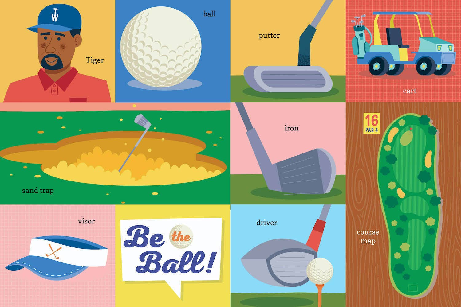 Illustrations of golf-related items and terms on a colorful background