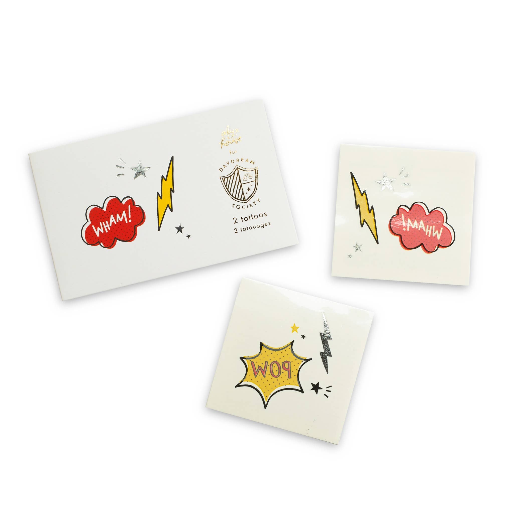 Three square white coasters with comic-style illustrations, including red 'WHAM!' clouds, yellow lightning bolts, and a yellow 'POW!' comic bubble, arranged on a white background.