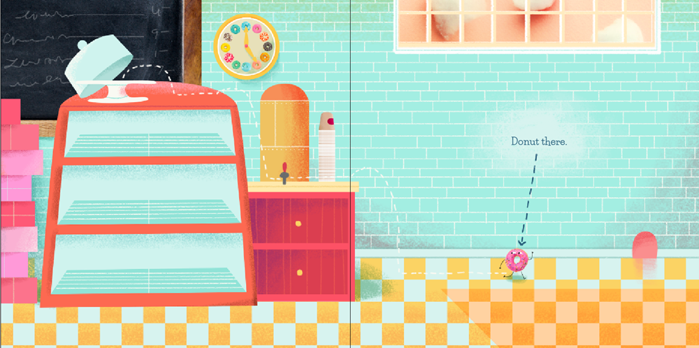 A stylized illustrated scene of a retro 1950s diner or cafe interior with a red glass display case, orange counter, turquoise brick wall, checkered floor, and a small pink flower on the floor with a dashed label reading 'Domestic there.'.