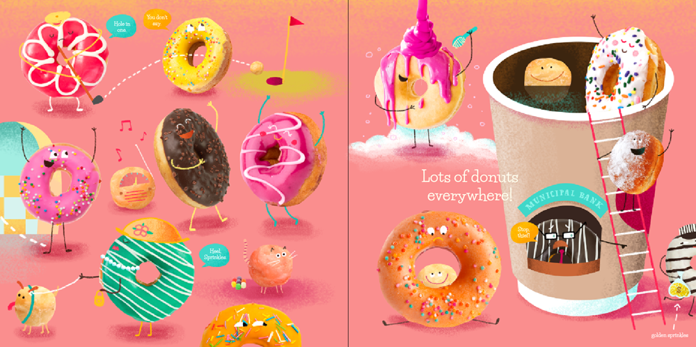 A whimsical illustrated spread featuring anthropomorphic donuts, cupcakes, and a coffee cup with a donut climbing a ladder, all on a pink background. Text on the right reads, 'Lots of donate everywhere!'.