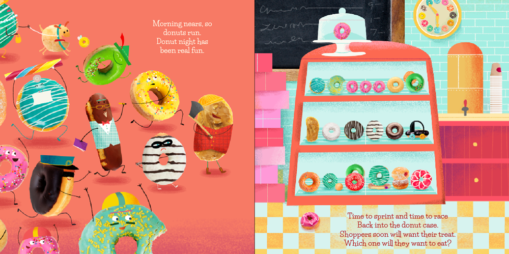 A colorful children's book or illustrated print showing anthropomorphic donuts and pastries in a bakery scene, with text and a donut display case on a bright coral background.