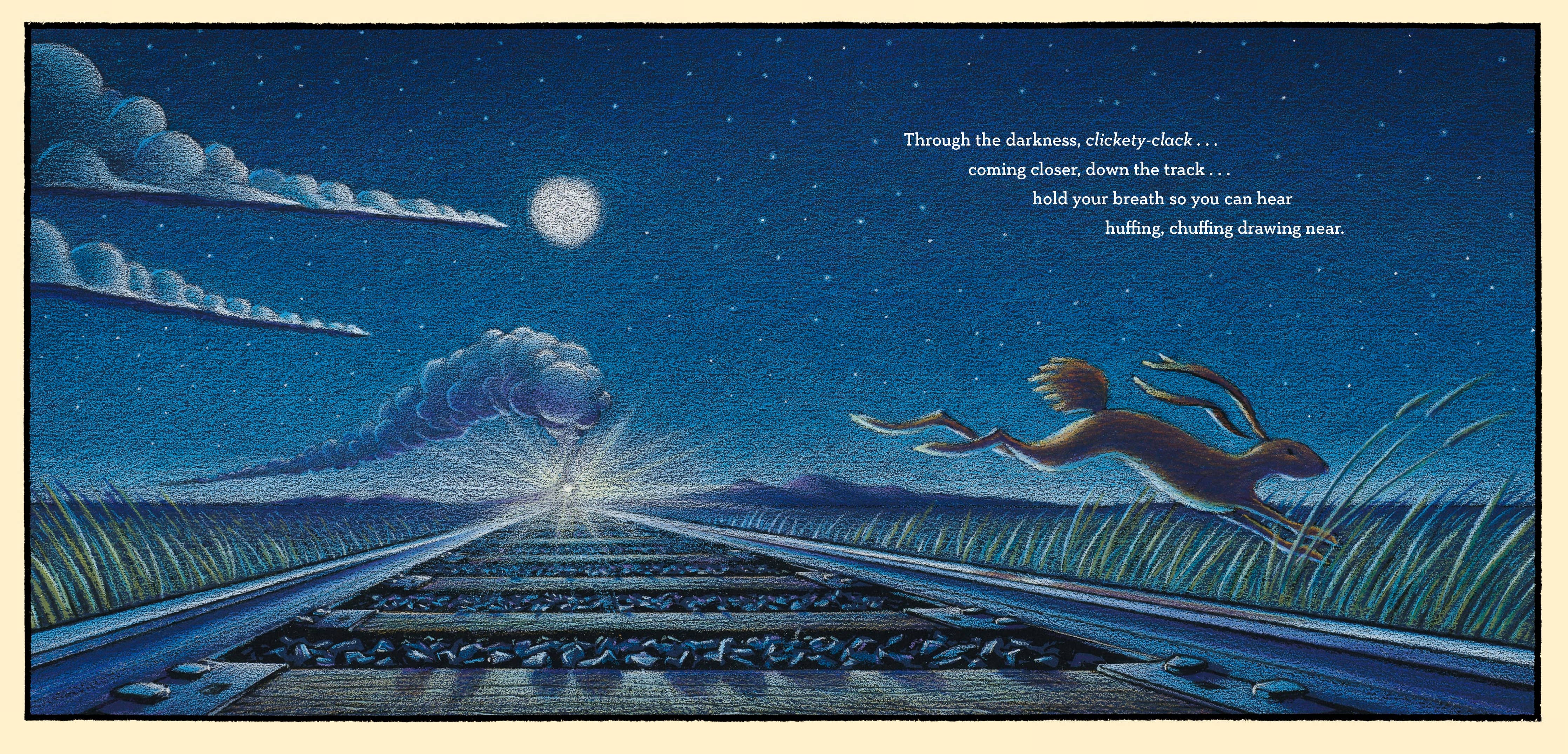 Illustration of a rabbit running on train tracks towards a bright light under a starry sky.