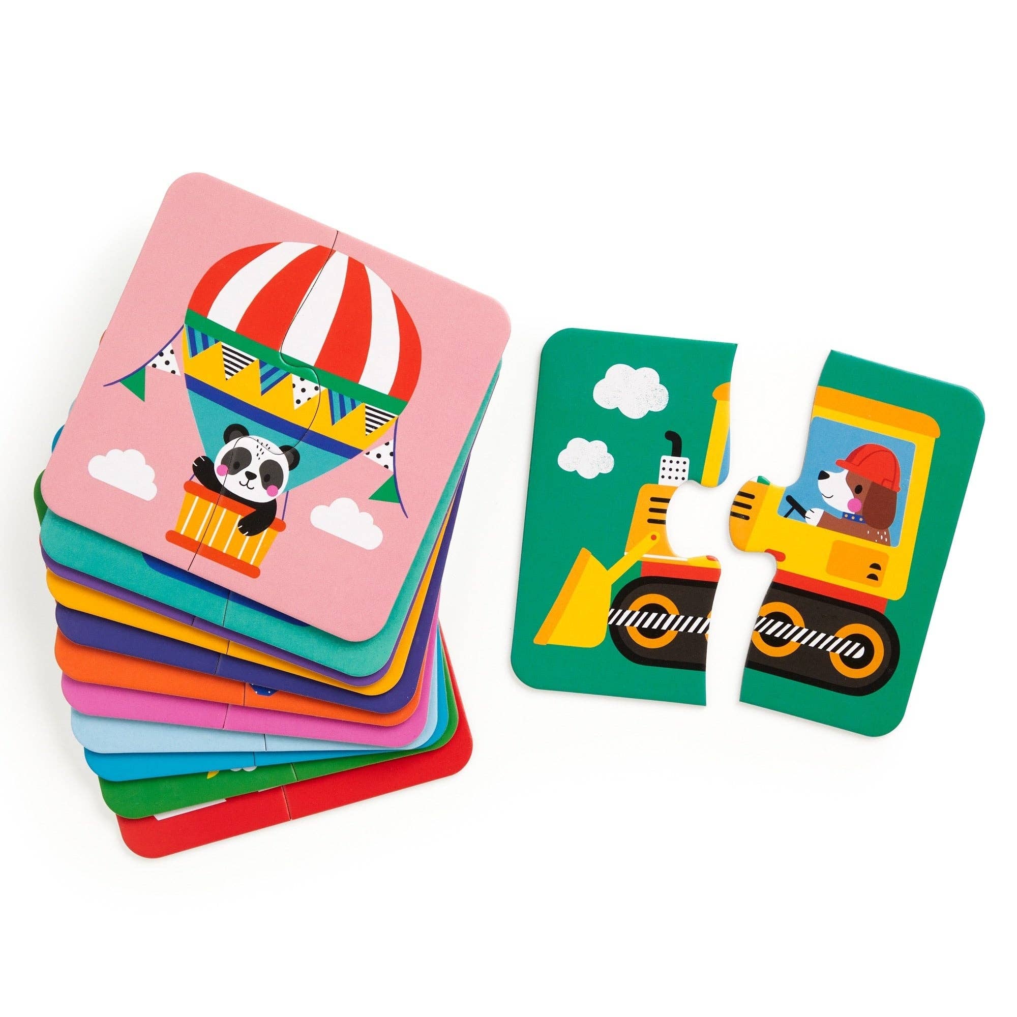 Stack of colorful children's cards with illustrations on a white background