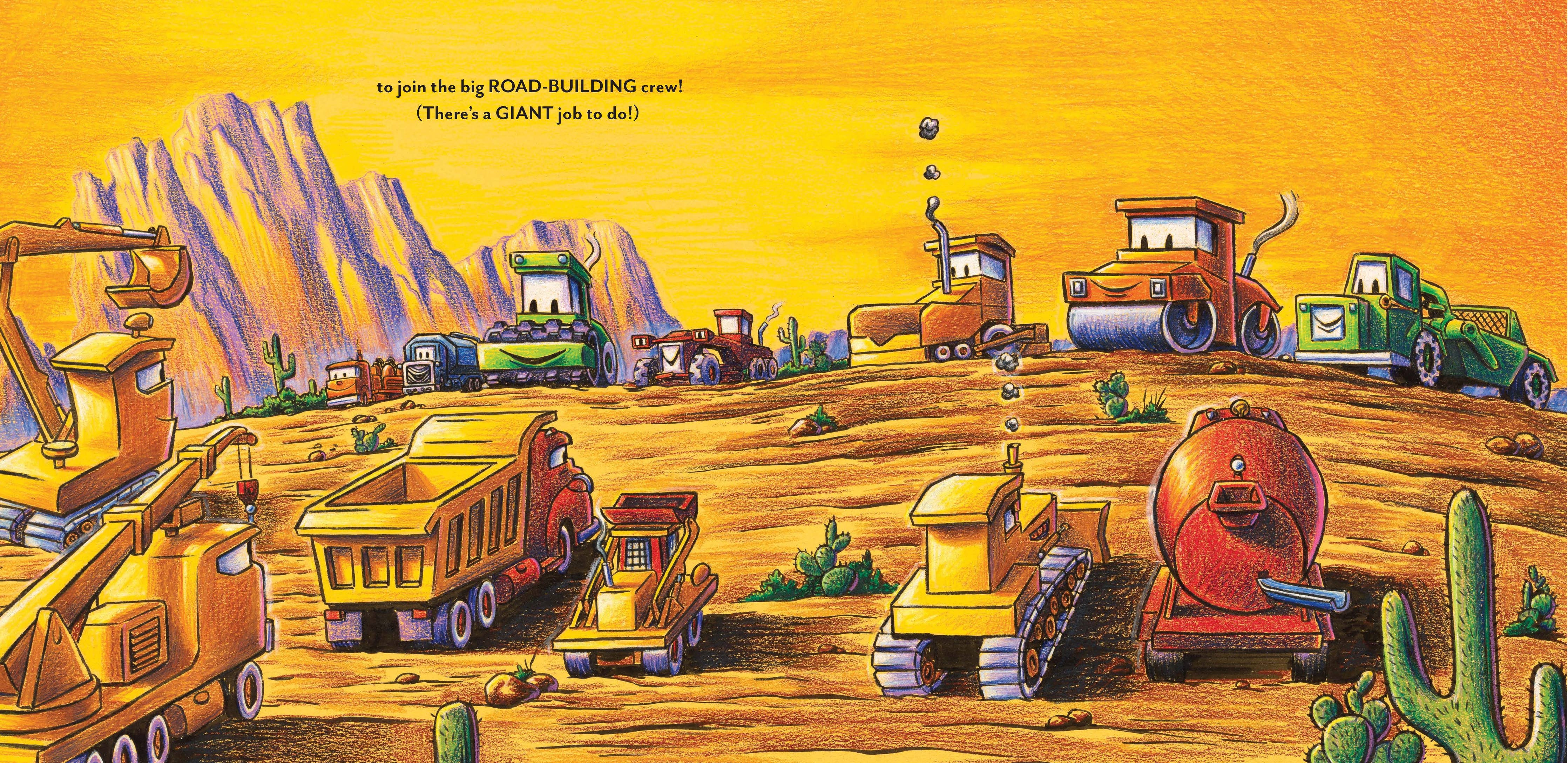 Illustration of construction vehicles on a desert landscape with mountains in the background.