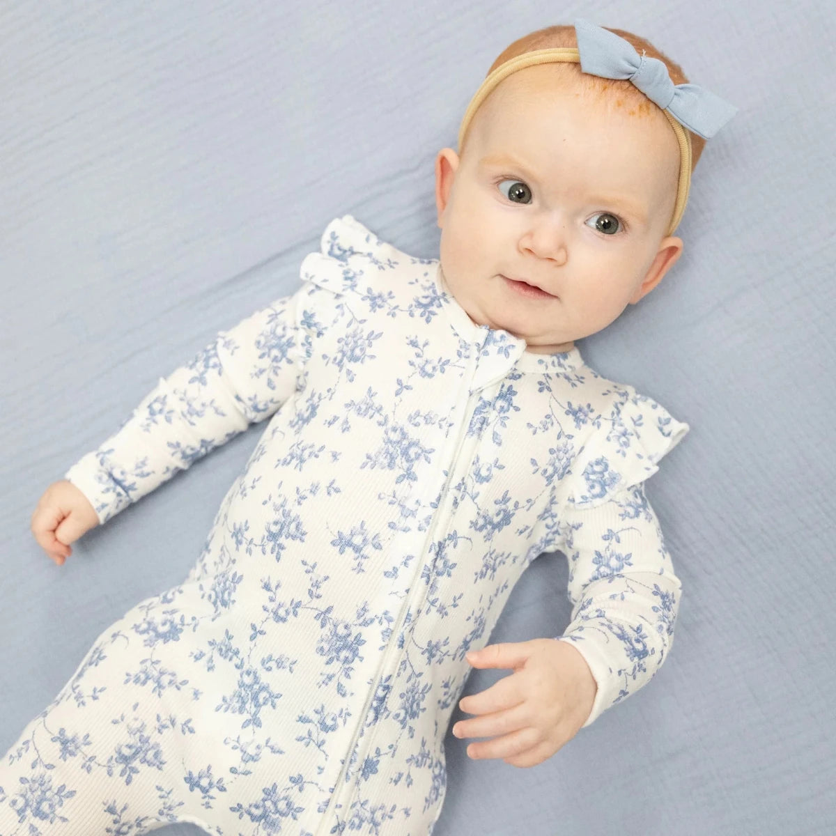 2 Way Ruffle Sleeve Zipper Footie - Baby Blues Vines Floral - Angel Dear Footies sold by Rosebud & Jo