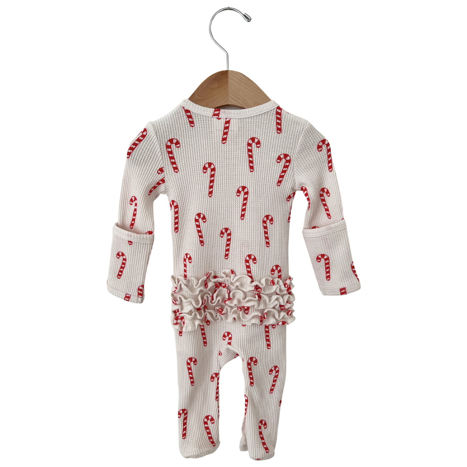 Candy Cane Organic Waffle Ruffle Zip Footie