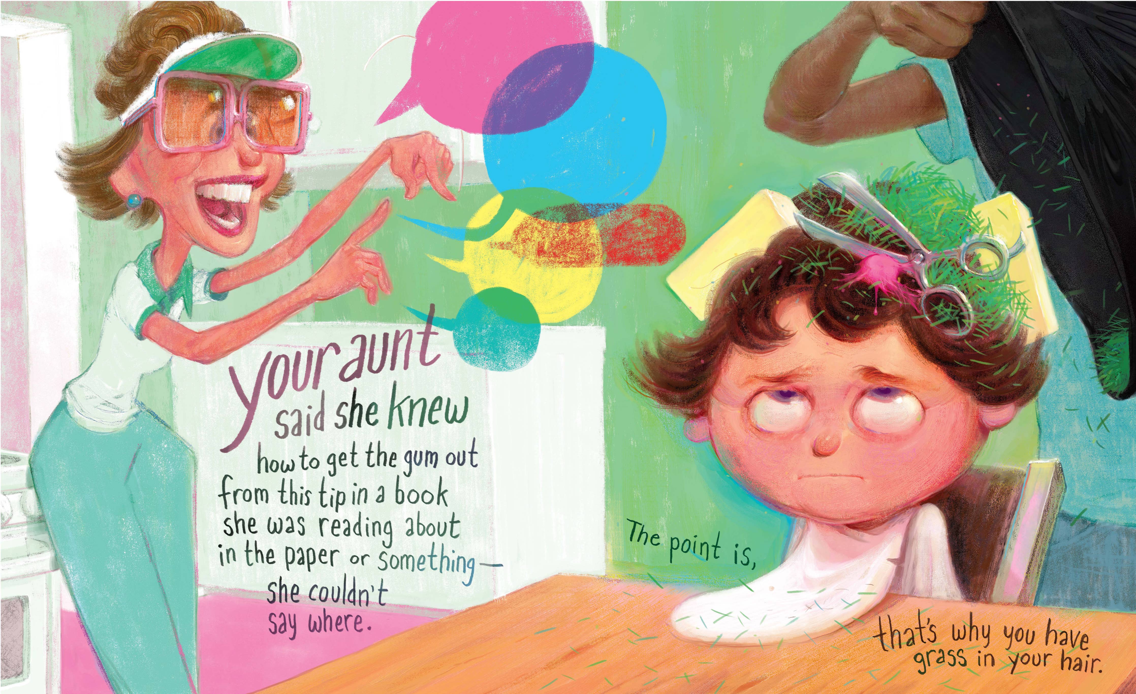 Illustration of a woman and a child with colorful text and objects.