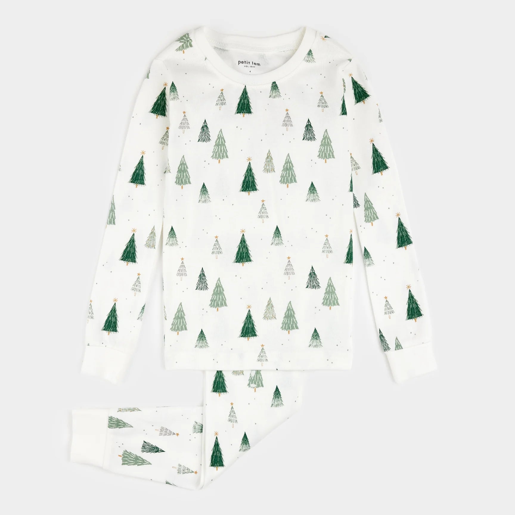 Christmas Tree Print on Off-White PJ Set