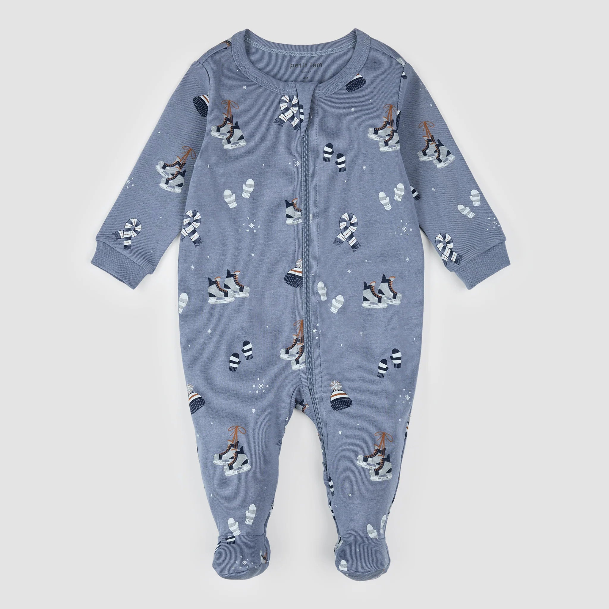 Hockey Winter Accessories on Blue Footie Sleeper