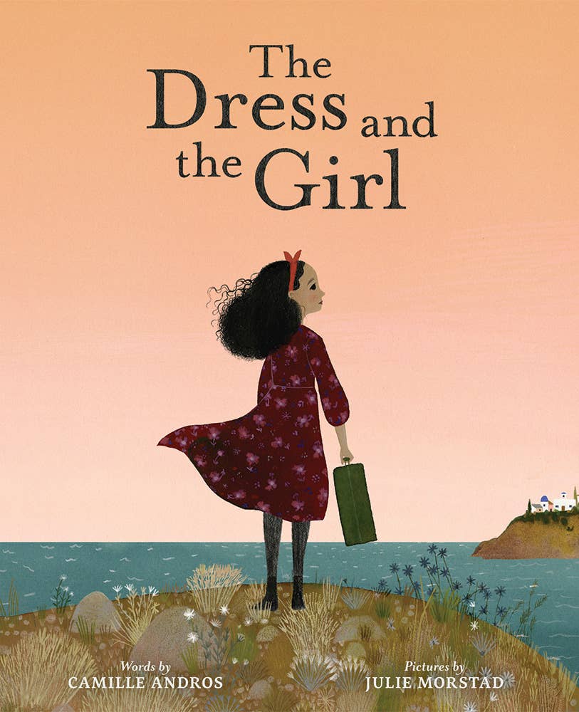 Book cover for 'The Dress and the Girl' showing an illustrated girl in a flowing dark red dress standing on a grassy shore by the sea, holding a green suitcase, with a peach sky and title text above.