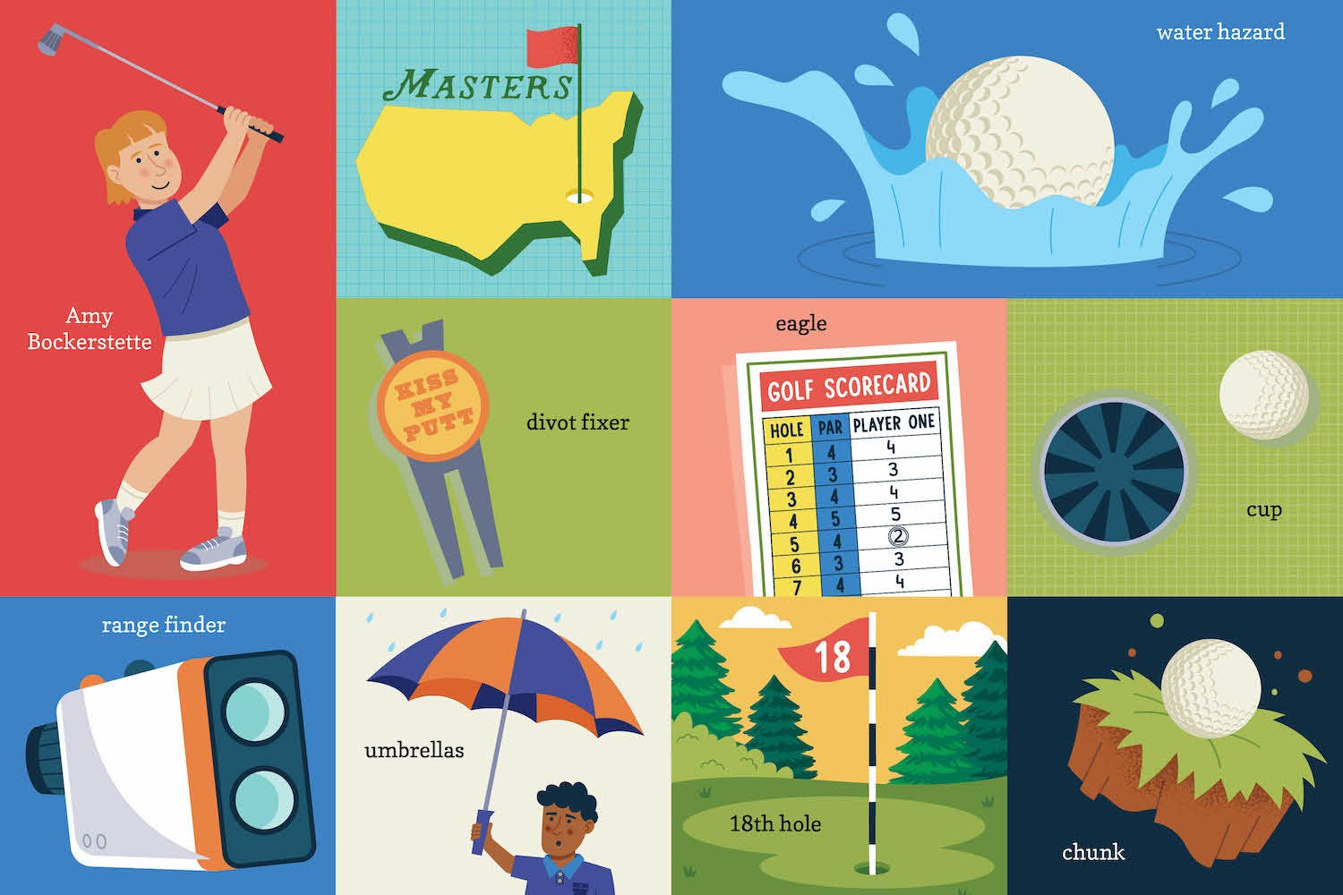 Illustrated collage of golf-themed graphics including a golfer, golf course, and various golf accessories.