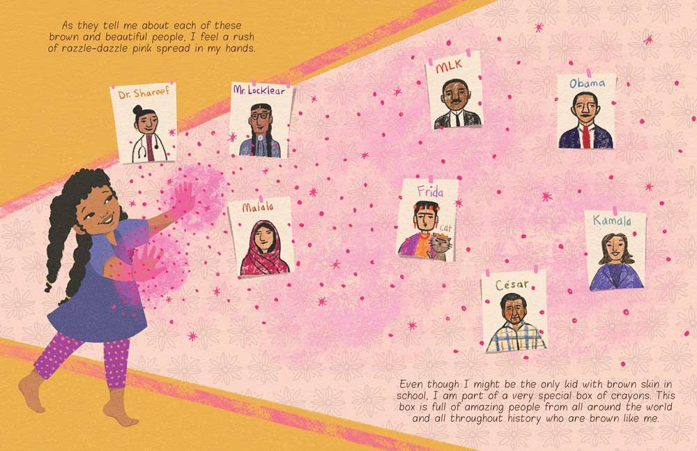 Illustrated book cover or poster-style artwork showing a young girl with dark curly hair standing on the left, holding a pink burst of crayons. A pink background is covered with small portrait cards labeled with names, including Dr.