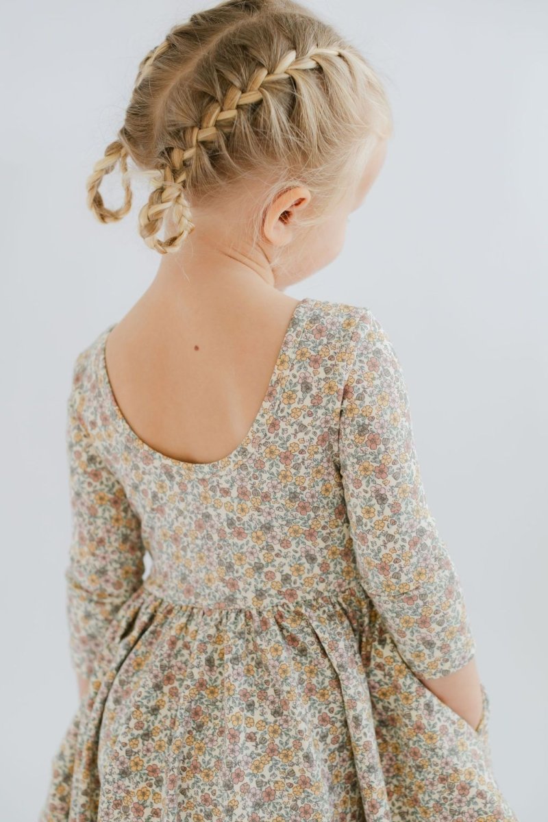 3/4 Sleeve Twirl Dress in Bella Brown - Good Apples Kids Dresses sold by Rosebud & Jo