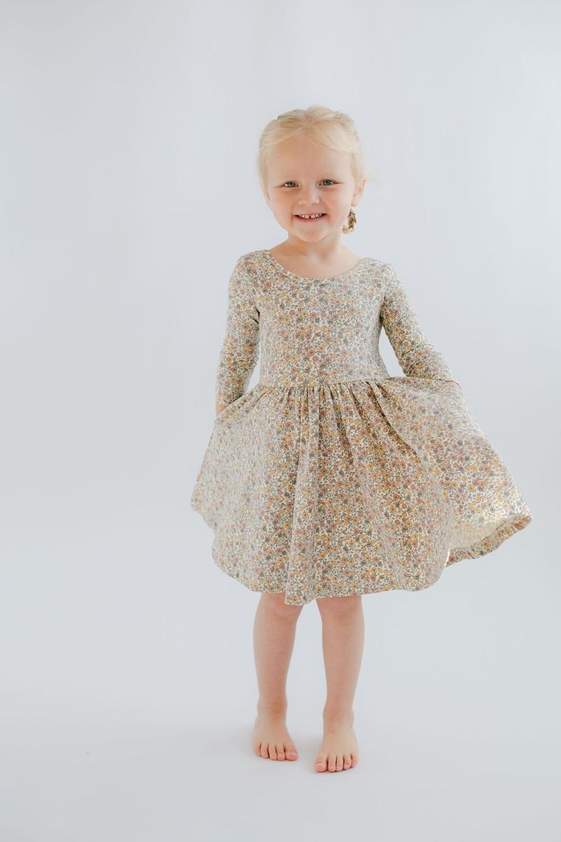 3/4 Sleeve Twirl Dress in Bella Brown - Good Apples Kids Dresses sold by Rosebud & Jo