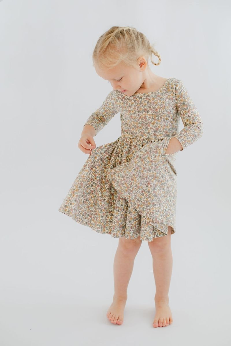 3/4 Sleeve Twirl Dress in Bella Brown - Good Apples Kids Dresses sold by Rosebud & Jo