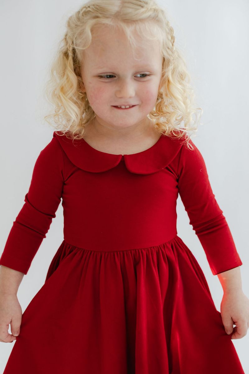 3/4 Sleeve Twirl Dress in Solid Classic Red Collared - Good Apples Kids Dresses sold by Rosebud & Jo