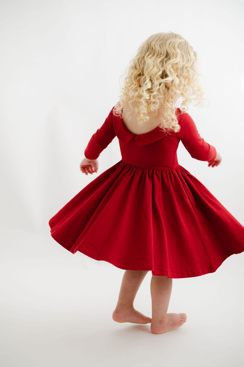 3/4 Sleeve Twirl Dress in Solid Classic Red Collared - Good Apples Kids Dresses sold by Rosebud & Jo