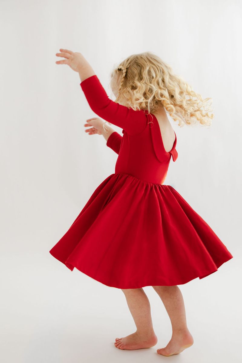3/4 Sleeve Twirl Dress in Solid Classic Red Collared - Good Apples Kids Dresses sold by Rosebud & Jo