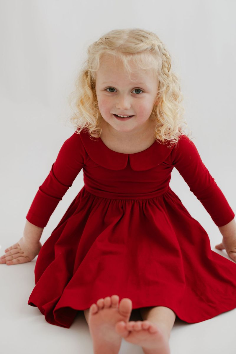 3/4 Sleeve Twirl Dress in Solid Classic Red Collared - Good Apples Kids Dresses sold by Rosebud & Jo