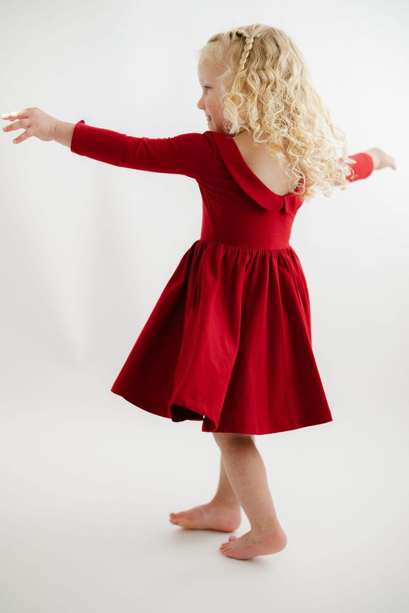 3/4 Sleeve Twirl Dress in Solid Classic Red Collared - Good Apples Kids Dresses sold by Rosebud & Jo