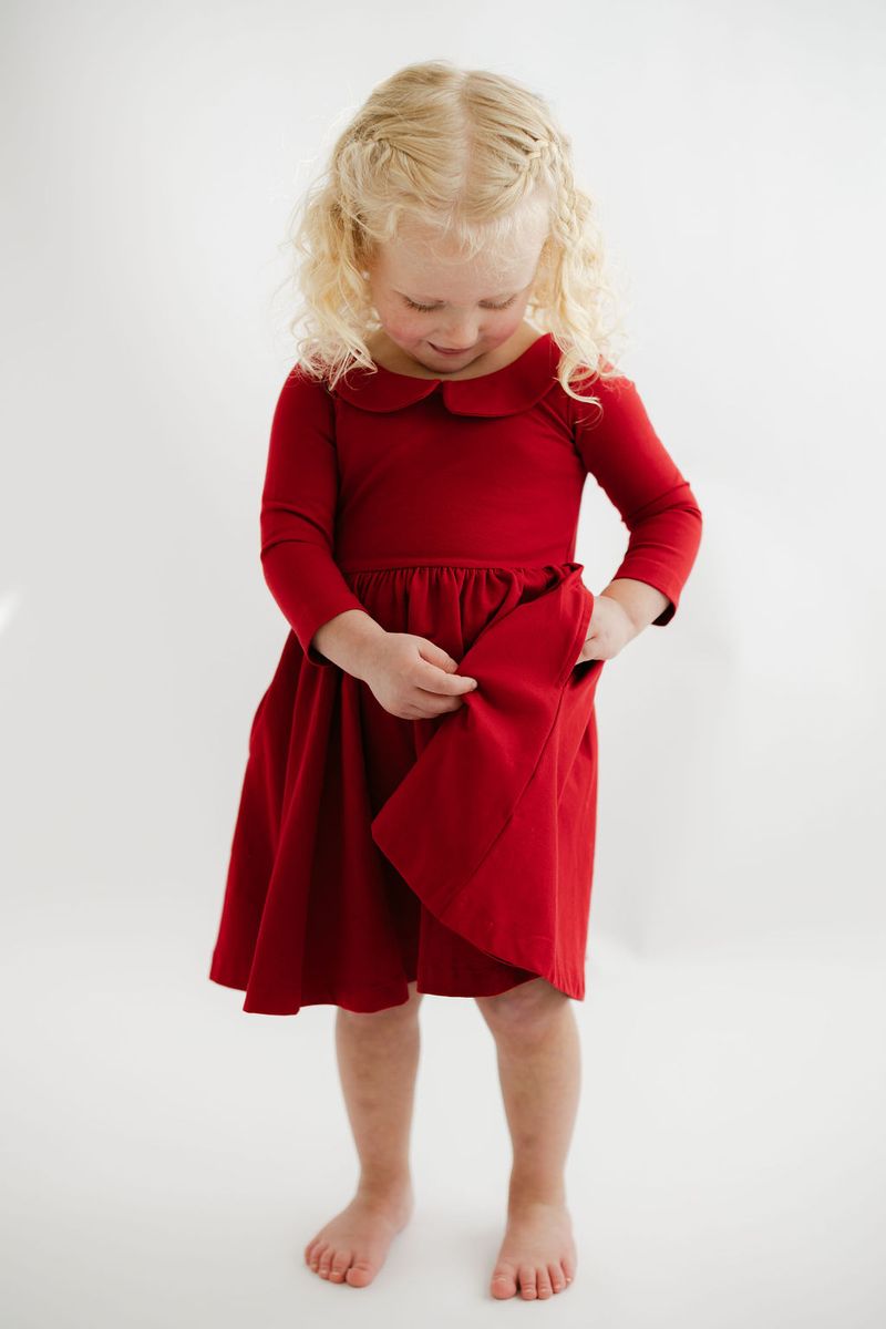 3/4 Sleeve Twirl Dress in Solid Classic Red Collared - Good Apples Kids Dresses sold by Rosebud & Jo