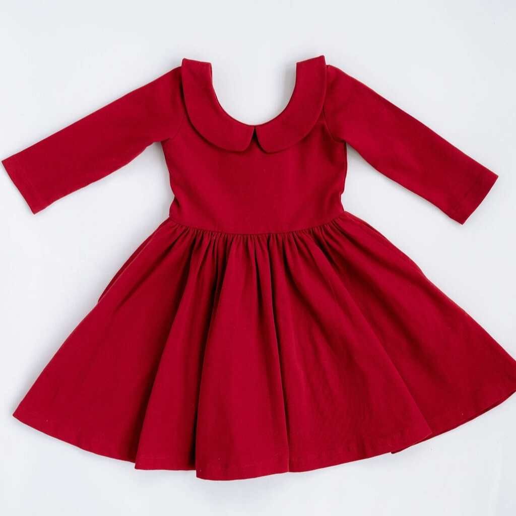 3/4 Sleeve Twirl Dress in Solid Classic Red Collared - Good Apples Kids Dresses sold by Rosebud & Jo