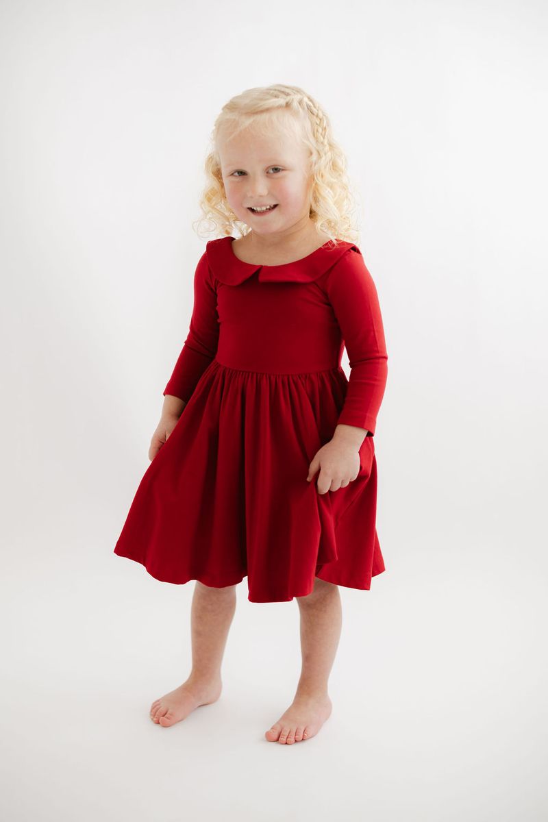 3/4 Sleeve Twirl Dress in Solid Classic Red Collared - Good Apples Kids Dresses sold by Rosebud & Jo