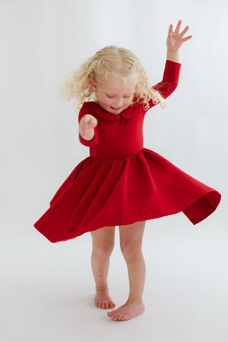 3/4 Sleeve Twirl Dress in Solid Classic Red Collared - Good Apples Kids Dresses sold by Rosebud & Jo