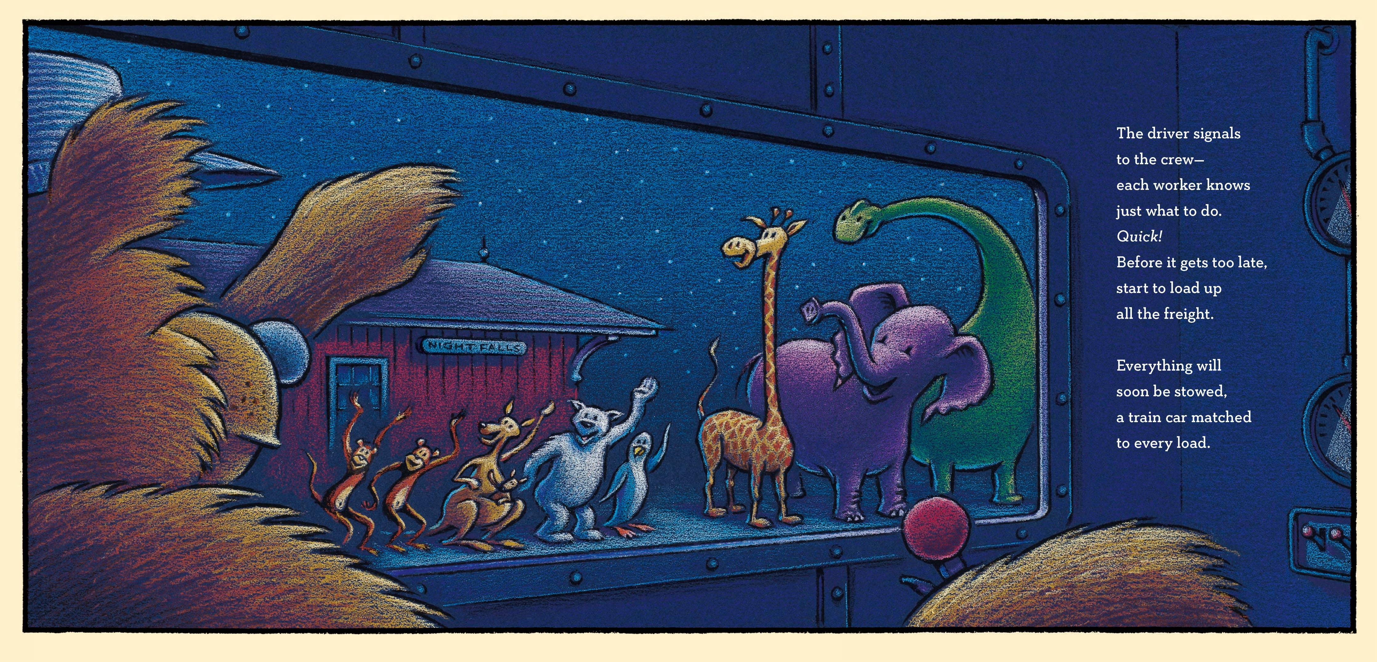 Illustration of animals on a train with a blue background