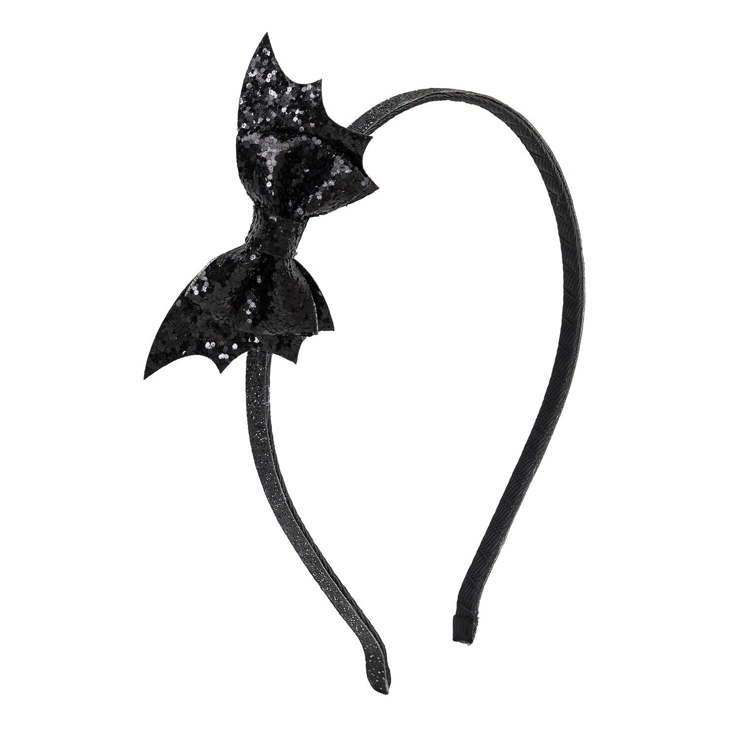 Black glittery headband with a bow design on a white background