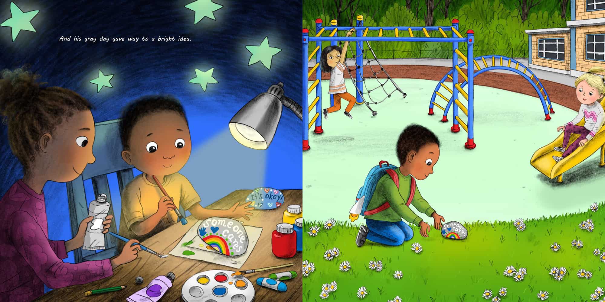 Two children at a table with a rainbow craft, and another child playing on a playground.