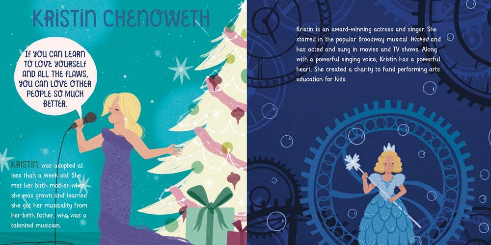 Illustrated book page with a character in a blue dress and blonde hair, next to a Christmas tree, on a blue background with text.
