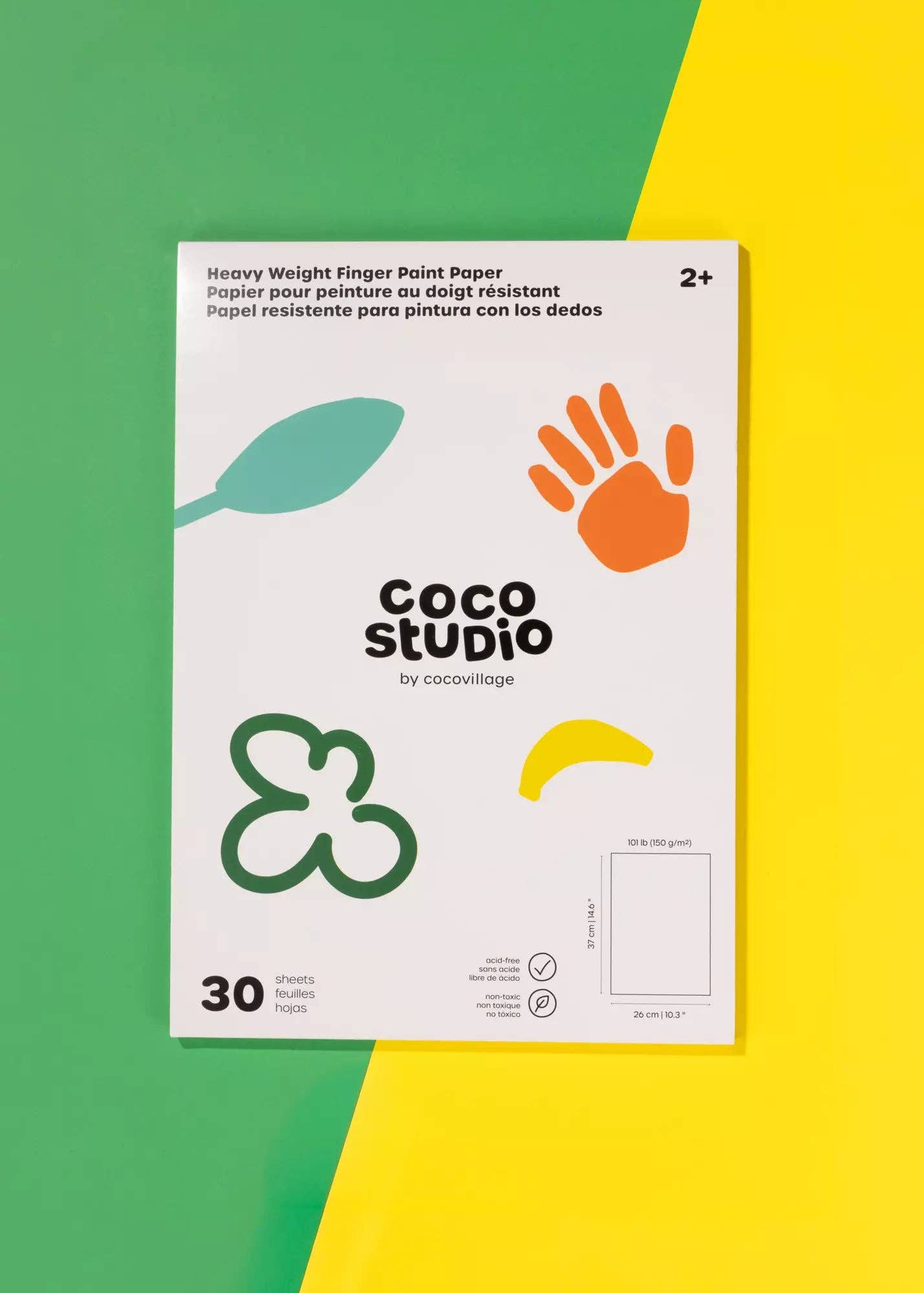 Coco Studio finger paint paper package on a green and yellow background