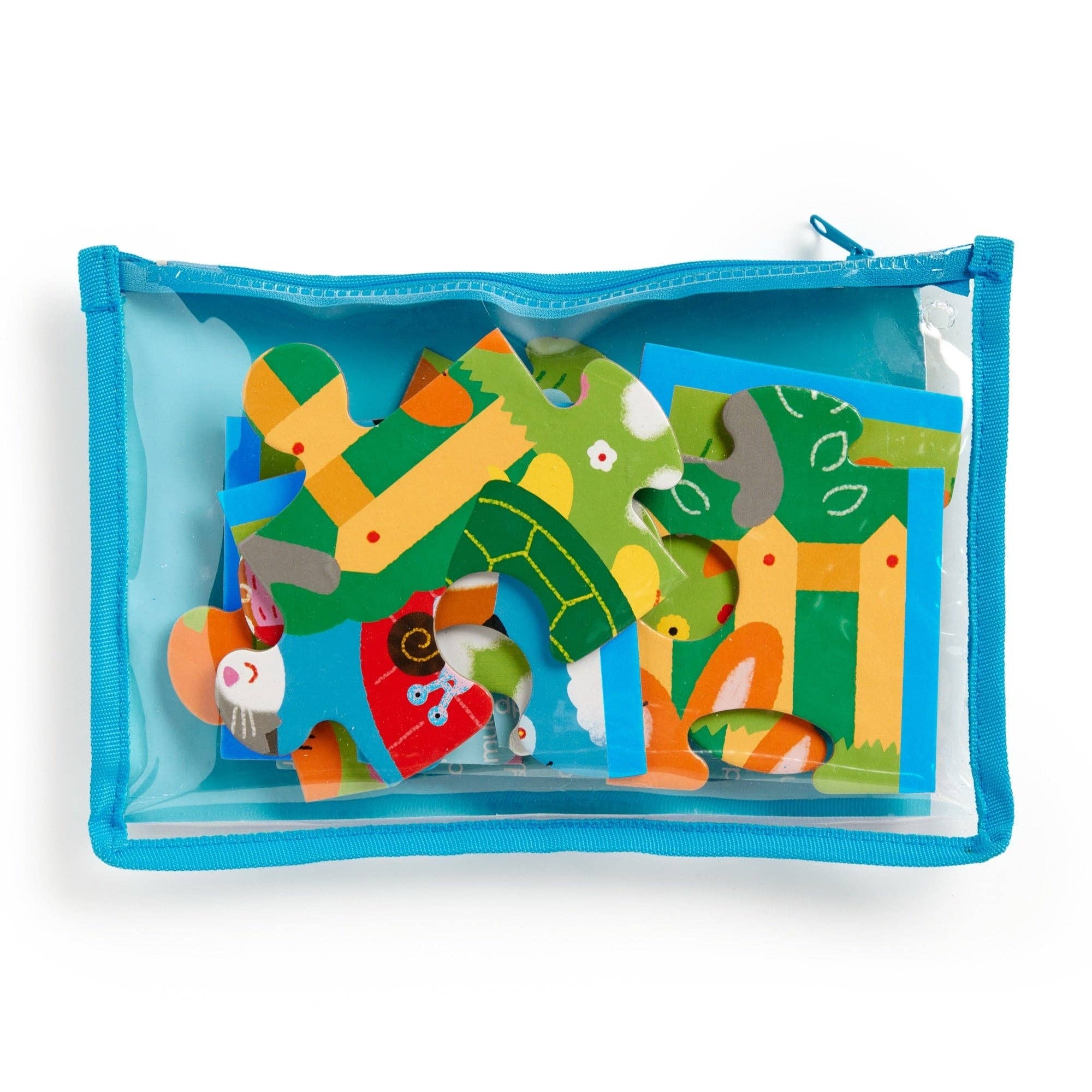 Colorful children's puzzle with animals in a blue pouch on a white background