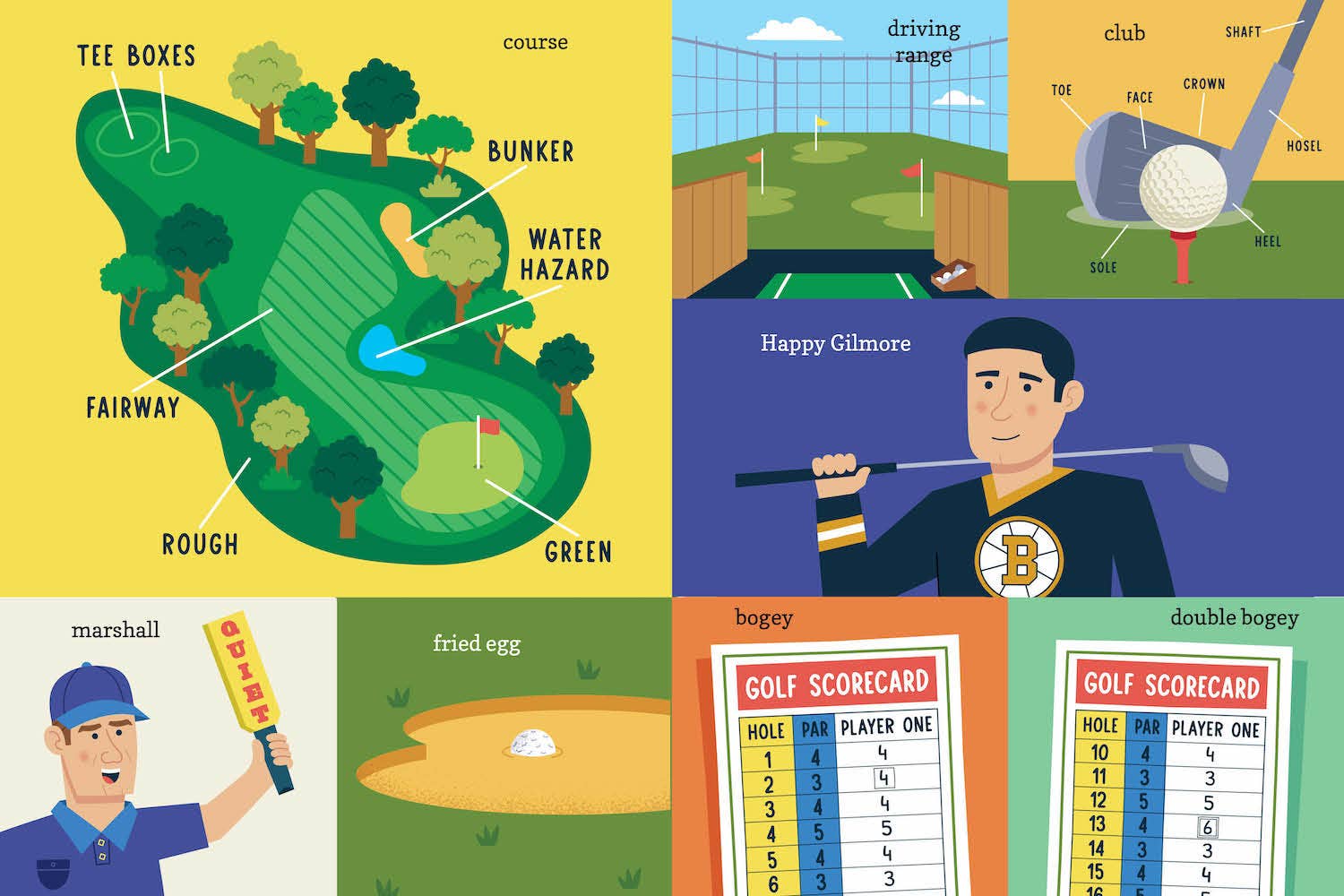 Illustrations of a golf course, golf equipment, and a golfer with a scorecard.