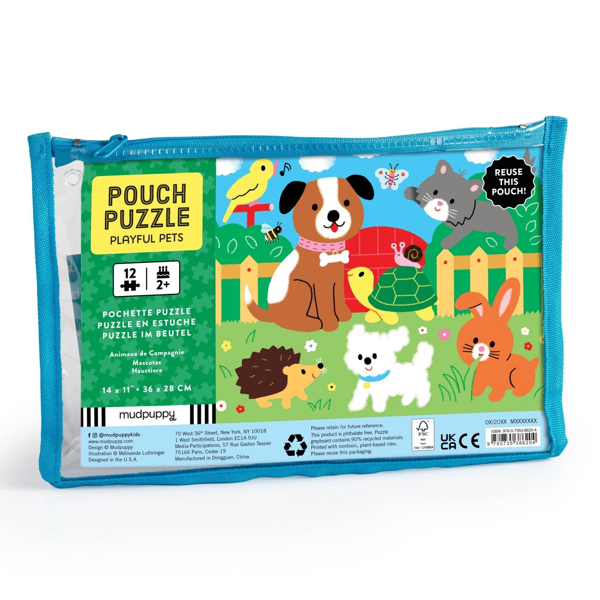 Pouch Puzzle packaging with illustrations of animals on a white background