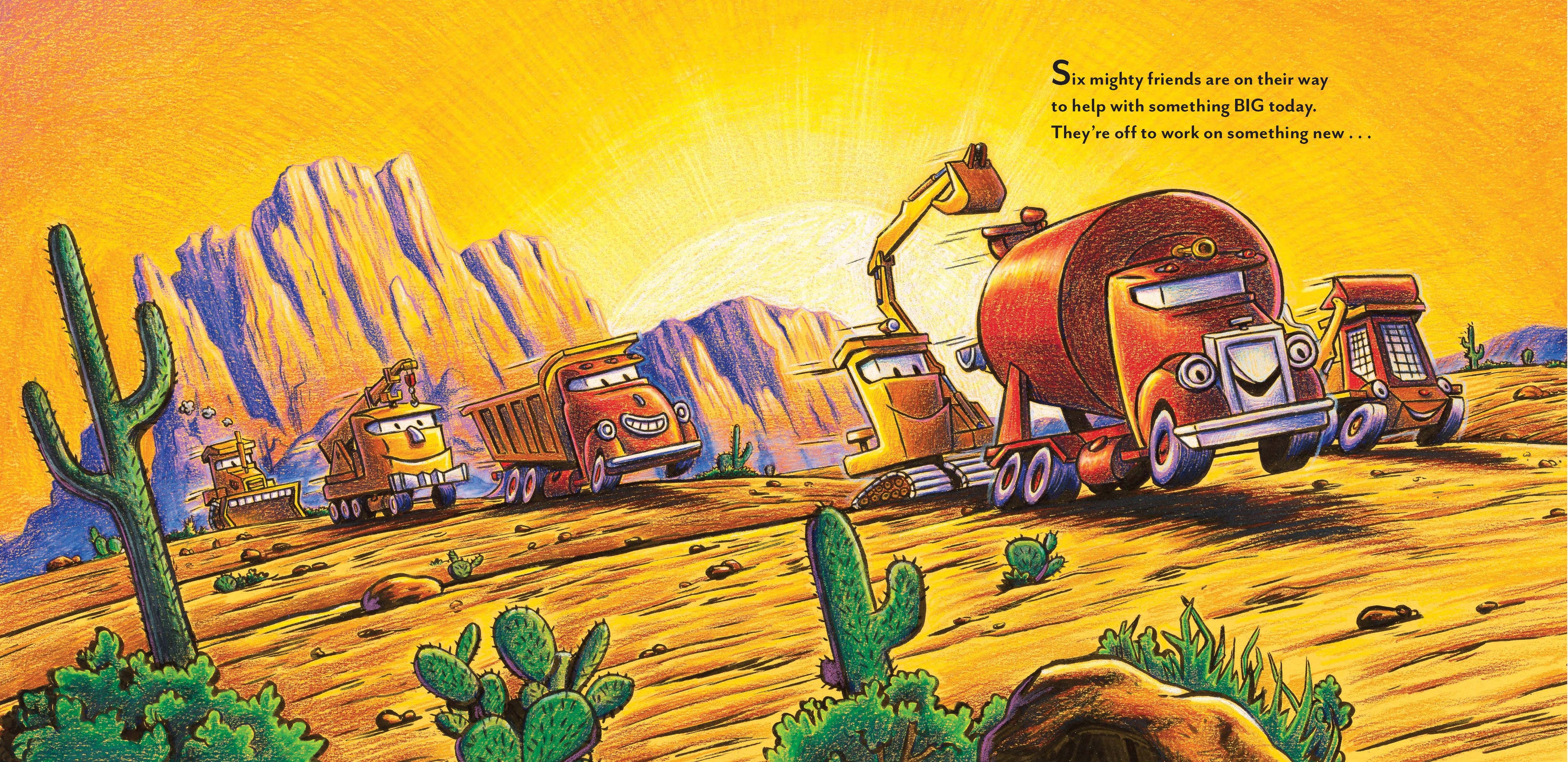 Illustration of cartoon vehicles on a desert road with mountains in the background