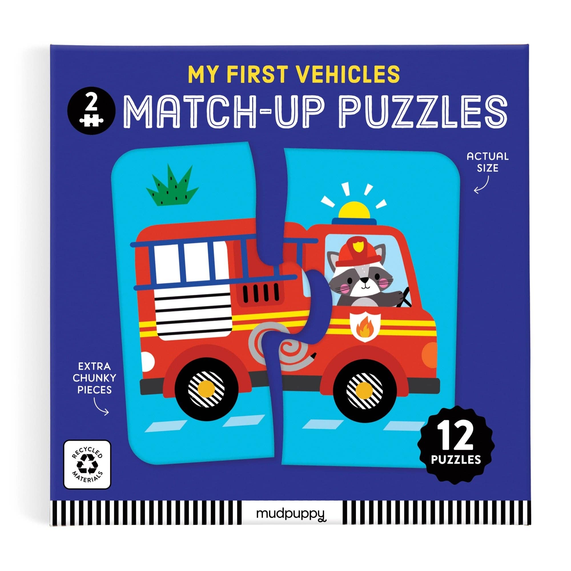 Children's puzzle book titled 'My First Vehicles Match-Up Puzzles' by Mudpuppy with a fire truck illustration on a blue background.