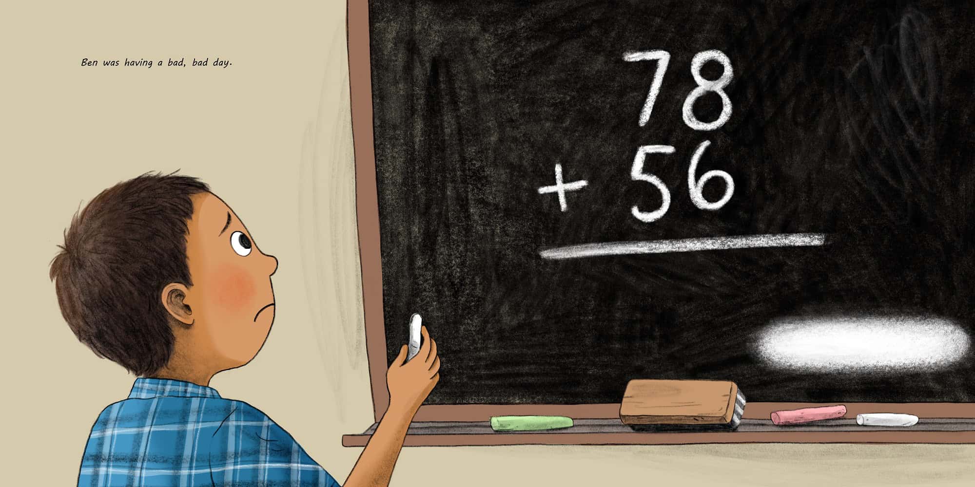 Illustration of a child solving a math problem on a chalkboard