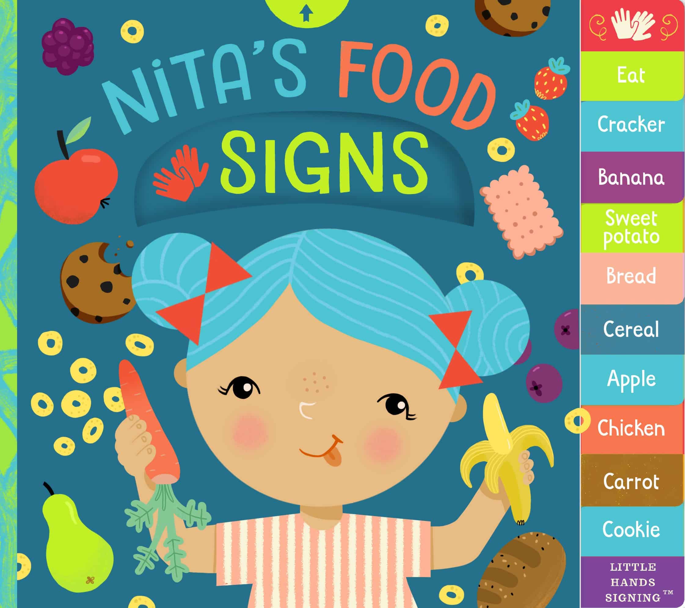 Book cover of 'Nita's Food Signs' with a colorful design featuring a child holding food items and a list of words on a blue background.