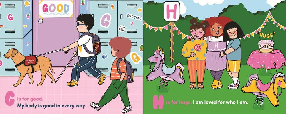 A children's educational book or activity page with two illustrated panels. The left panel shows children walking a golden retriever at a school, with lockers and the word GOOD.