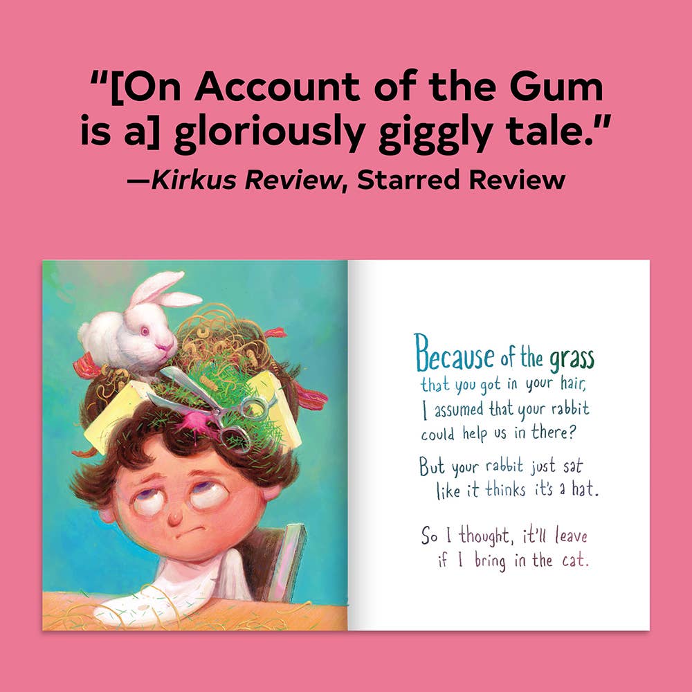 Illustration of a child with rabbit ears and text on a pink background