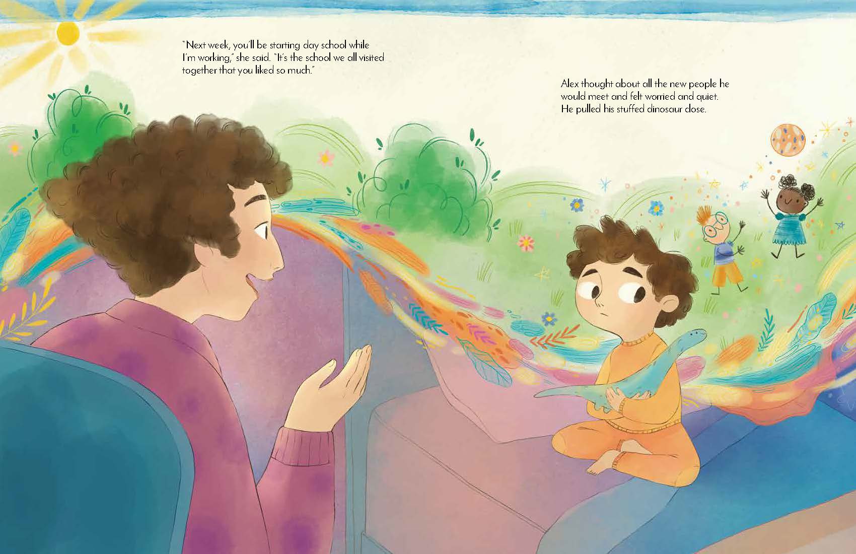 A colorful children's book illustration showing a parent sitting in a car with a child, with text bubbles and a bright outdoor scene visible in the background.