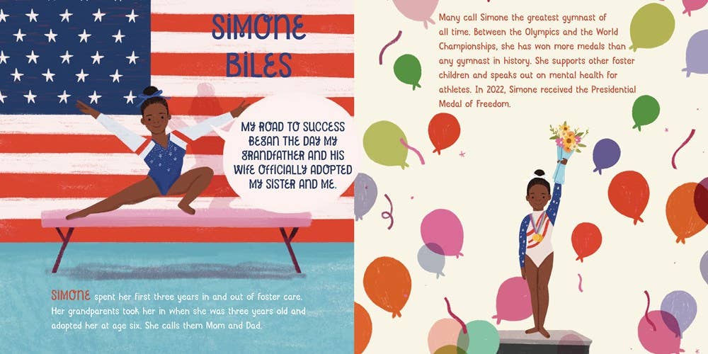 Book page with a gymnast on a balance beam and another on a podium with balloons, set against an American flag background.