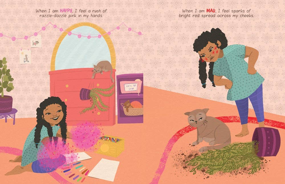 An illustrated children's book or poster page showing two girls and a cat in a bedroom-like room. One girl is painting on the floor, and the other is leaning over a pile of green grass with a purple bucket nearby.